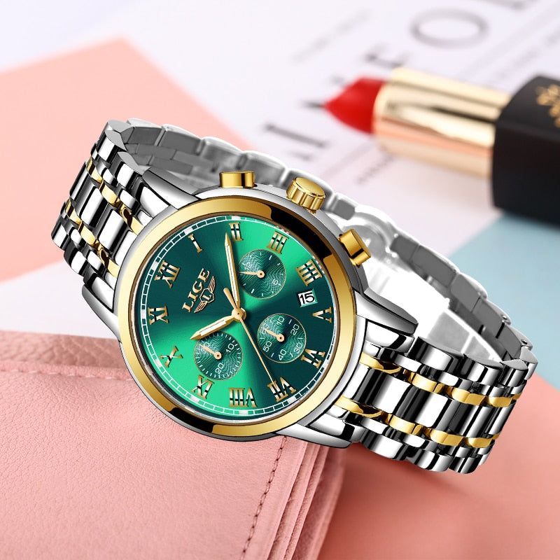 LIGE - ⌚️ Relojes de cuarzo de marca para mujer, accesorio de oro rosa, reloj de cuarzo de moda, a prueba de agua, estilo femenino. 💁‍♀️💕