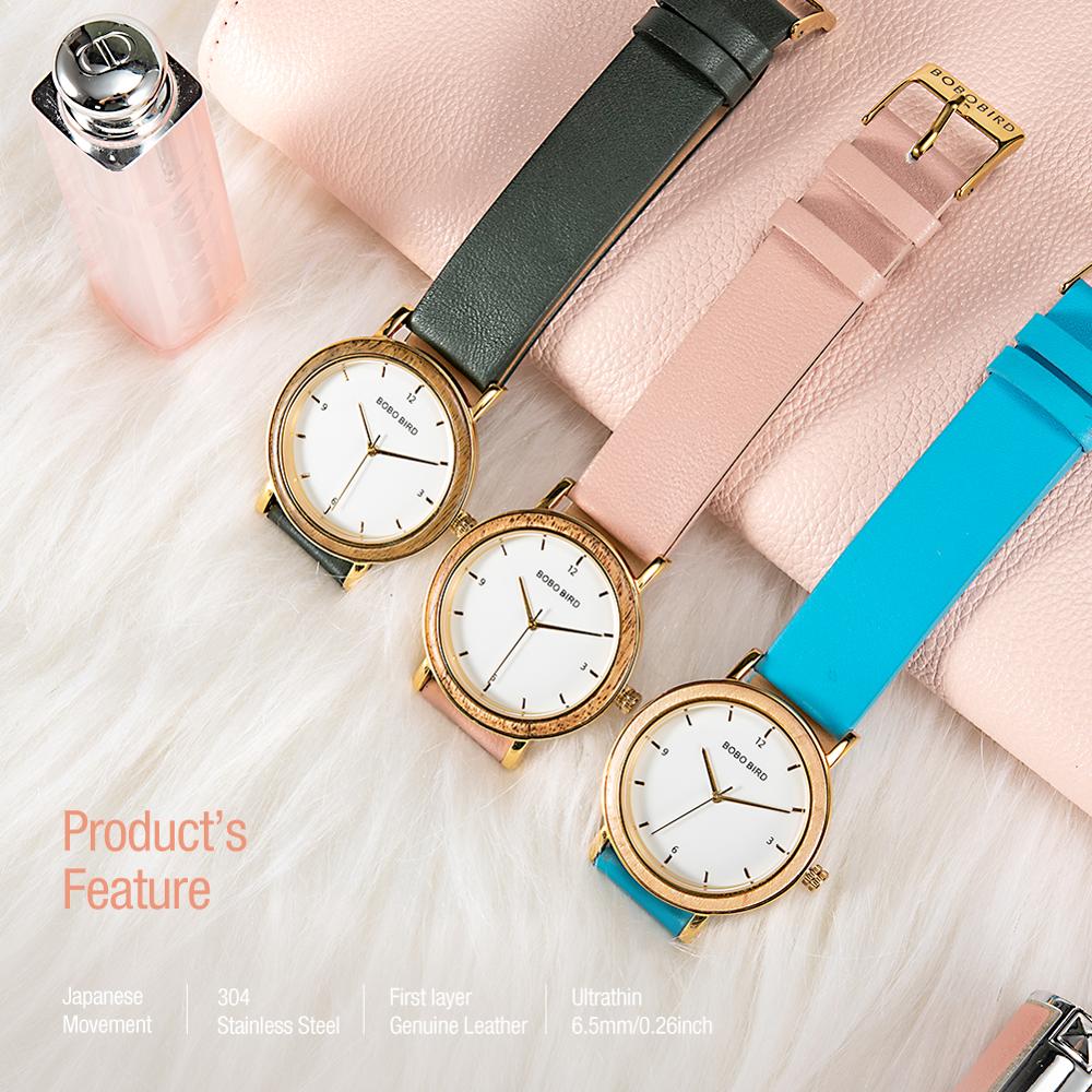 BOBO BIRD-reloj de madera ultrafino para mujer, accesorio de pulsera de cuarzo con movimiento japonés, correa de cuero auténtico, color dorado, 6,5mm