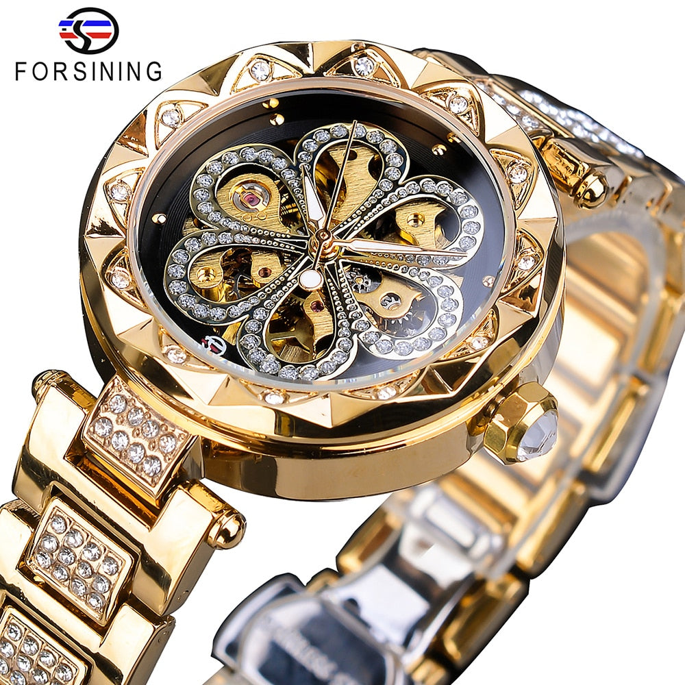 Forsining Reloj mujer, cronógrafo mecánico, resistente al agua, con diamantes y luminoso.