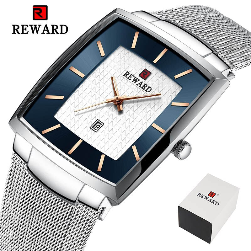 REWARD Reloj de Hombre de Marca Superior 👔 Negocio Relogio Masculino ⌚ Cuadrado de Cuarzo Reloj de Hombre 👨 Pulsera de Acero Completo 💦 Resistente al Agua. Con caja de regalo