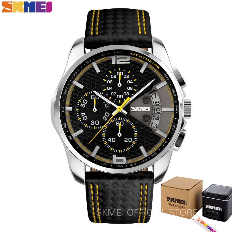 SKMEI Reloj Deportivo de Moda para Hombres, Marca de Lujo, Correa de Cuero, Resistente al Agua 5 Bar, Reloj de Pulsera de Cuarzo, Relogio Masculino 9106.