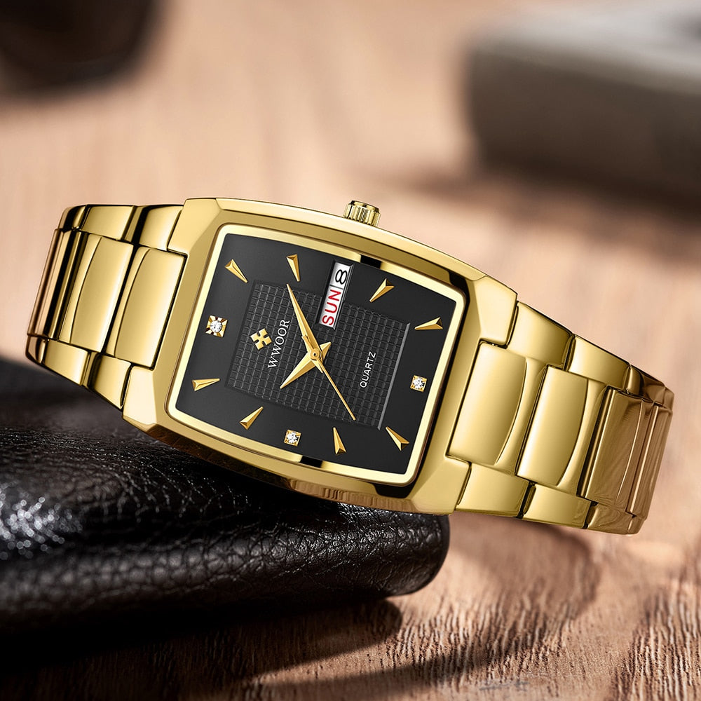 WWOOR ¡Presentamos el "Reloj Dorado de Lujo" para hombres con un nuevo diseño! Fabricado en acero inoxidable, es resistente al agua y cuenta con un calendario y mecanismo de cuarzo. ¡El complemento perfecto para cualquier ocasión! ⌚✨