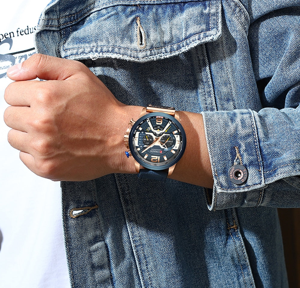 CURREN-relojes para hombre, con estilo informal y militar de lujo, cuenta con un cronógrafo de moda con correa de cuero. Con Caja ideal para regalar.