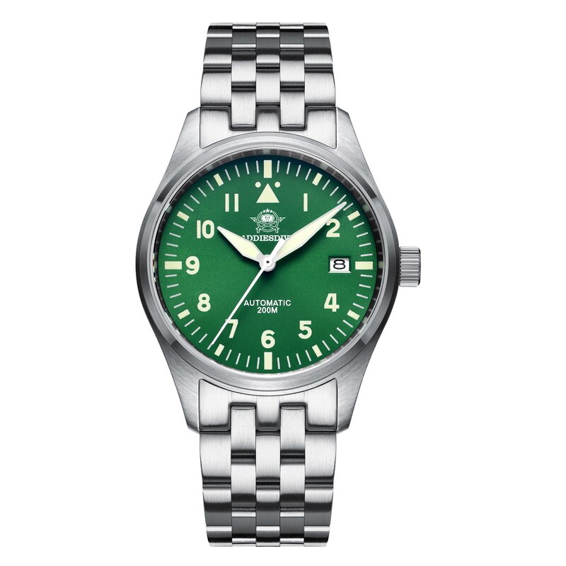 Addies Reloj de buceo mecánico para hombre, pulsera de cuero con cristal de zafiro, reloj de piloto de negocios, NH35, automático, resistente al agua hasta 200M