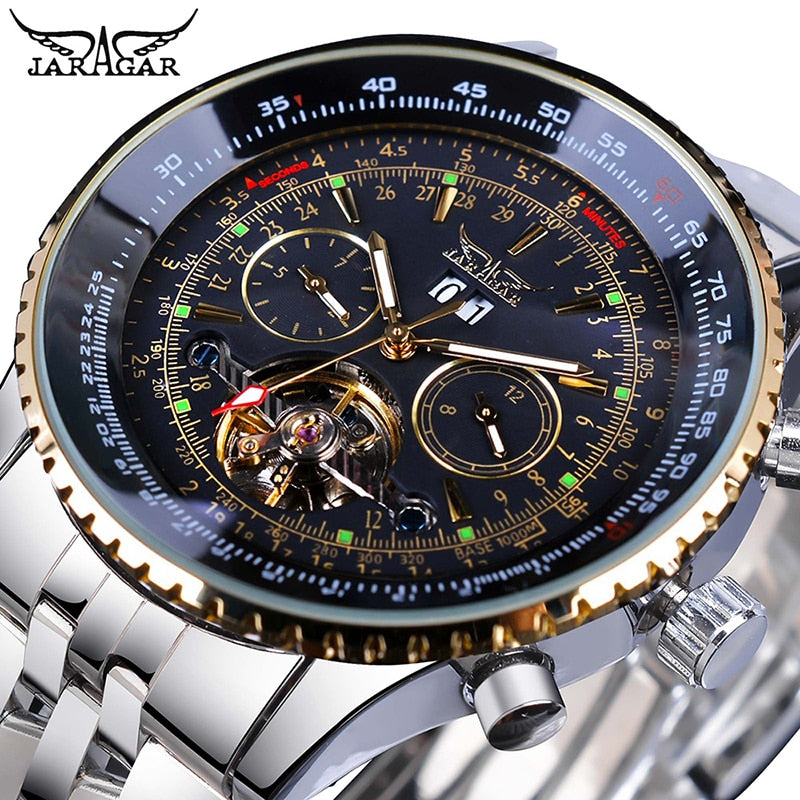 Jaragar 2017 – reloj con esfera dorada con bisel dorado para hombres, diseño de esfera de acero inoxidable, mecánico, automático, masculino