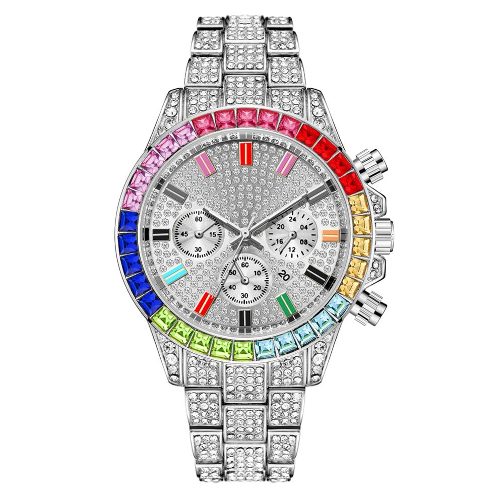Reloj de cuarzo cuadrado para hombre, cronógrafo de lujo, resistente al agua, con diamantes de colores
