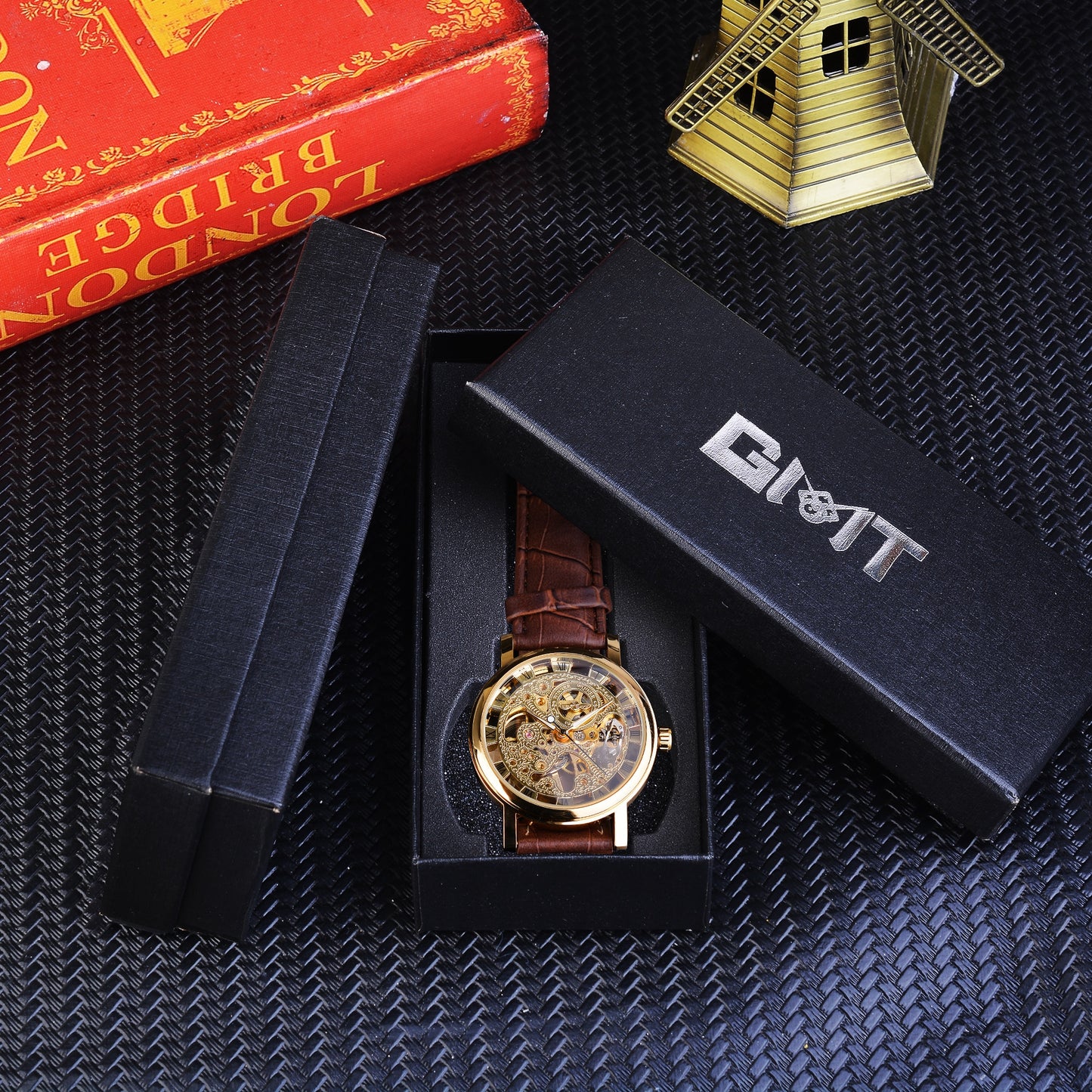 Winner ⌚  impresionante Reloj de Hombre con Caja Dorada Transparente, HERMOSA COLECCION Diseño Casual de Lujo y Correa de Cuero Marrón 🕶️ Reloj Mecánico Esqueleto de Marca Top de Lujo 🌟