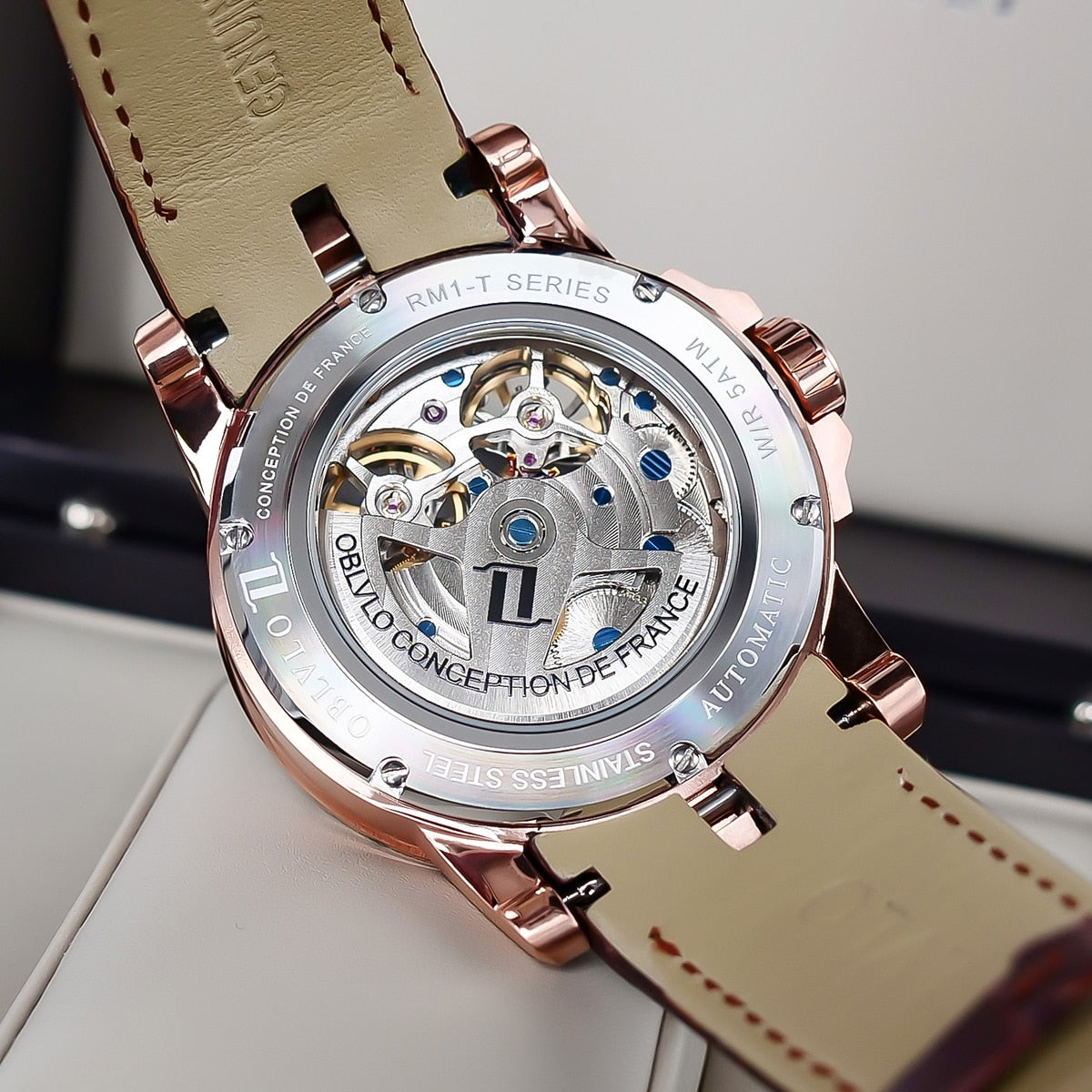 OBLVLO lujo transparente hueco esqueleto relojes automáticos para hombres deporte mecánico doble volante piel de becerro cuero zafiro