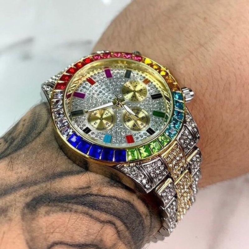 Reloj de cuarzo cuadrado para hombre, cronógrafo de lujo, resistente al agua, con diamantes de colores