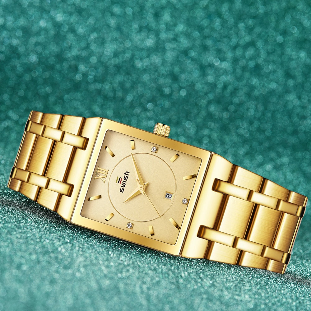 SWISH "Reloj de Pulsera de Lujo para Mujer, Elegante y Dorado. Moda de Reloj Cuadrado con Movimiento de Cuarzo. Reloj Femenino con Diamantes, de Marca Top de Lujo."