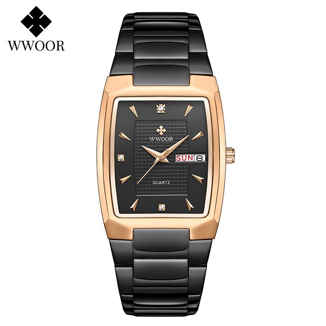 WWOOR ¡Presentamos el "Reloj Dorado de Lujo" para hombres con un nuevo diseño! Fabricado en acero inoxidable, es resistente al agua y cuenta con un calendario y mecanismo de cuarzo. ¡El complemento perfecto para cualquier ocasión! ⌚✨