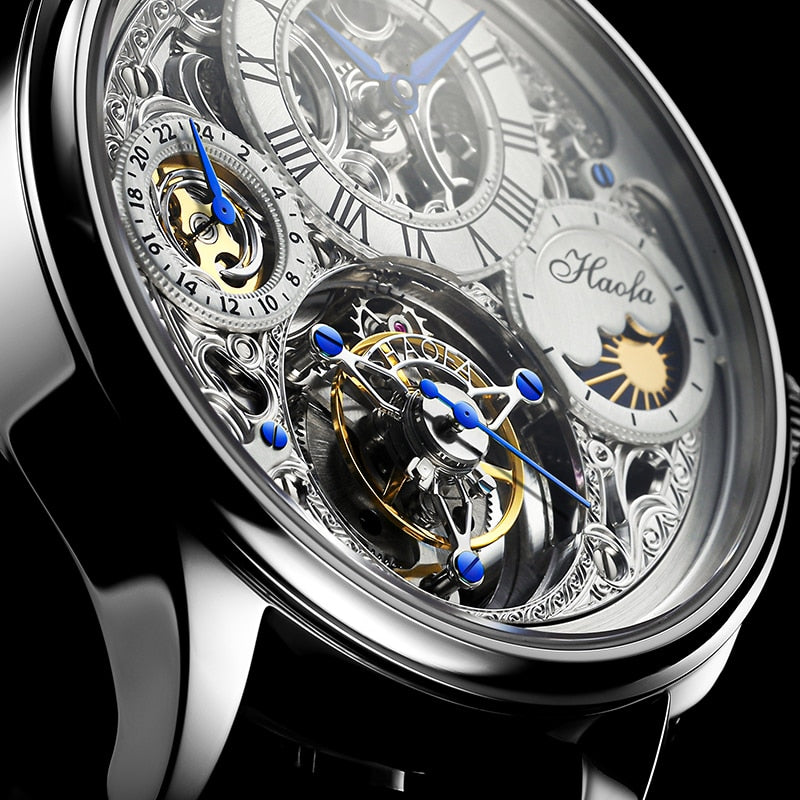 HAOFA-reloj mecánico con movimiento Tourbillon para hombre, cronógrafo con esqueleto Manual, zafiro, GMT Moonphase,