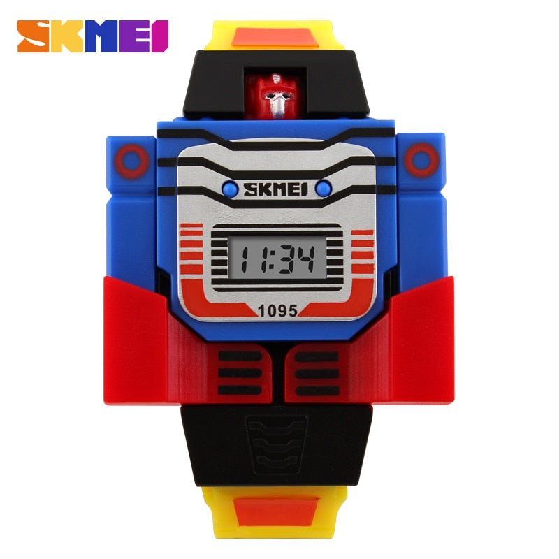 SKMEI para niños con diseño de caricaturas, LED y temática de robots transformables. Perfecto para los niños que les encantan los juguetes de transformación. Ideal para los pequeños entusiastas de los deportes. Modelo 1095 de la marca SKMEI.