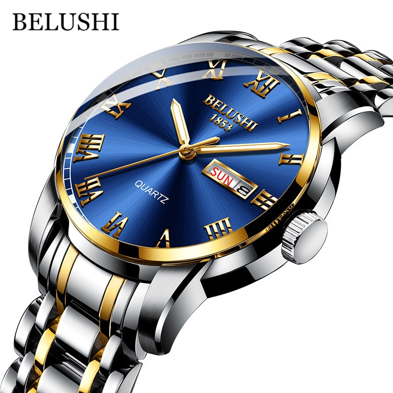BELUSHI-Reloj de pulsera de cuarzo deportivo para hombre, cronógrafo de acero inoxidable con fecha, luminoso, resistente al agua, de lujo