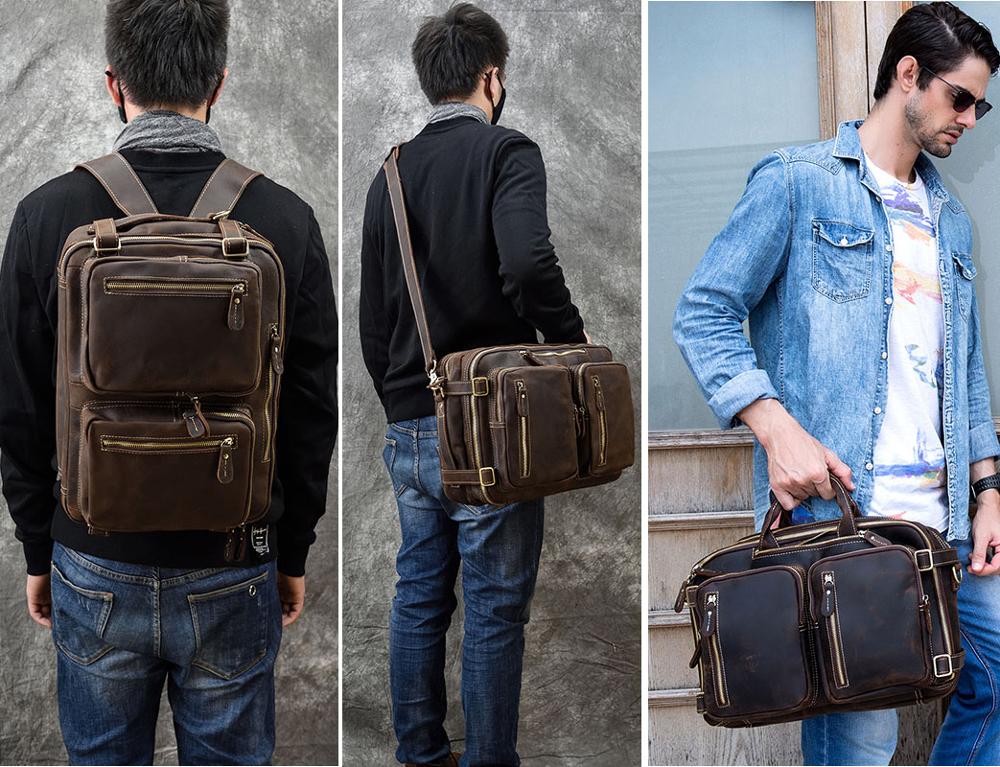 Crazy Horse Mochila De cuero genuino para ordenador porttil para hombre bolso de negocios de cuero de vaca de 3 capas