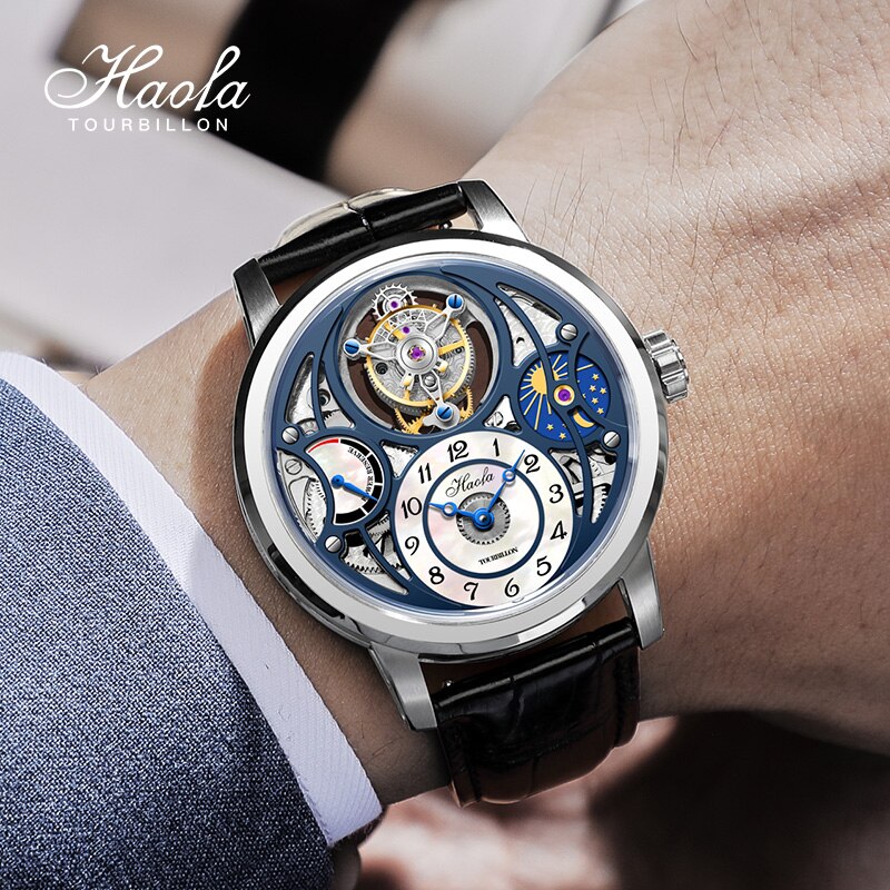 Haofa-Reloj de pulsera mecánico para hombre, cronógrafo con movimiento Tourbillon, esqueleto de zafiro, reserva de energía, 60H, Moonphase