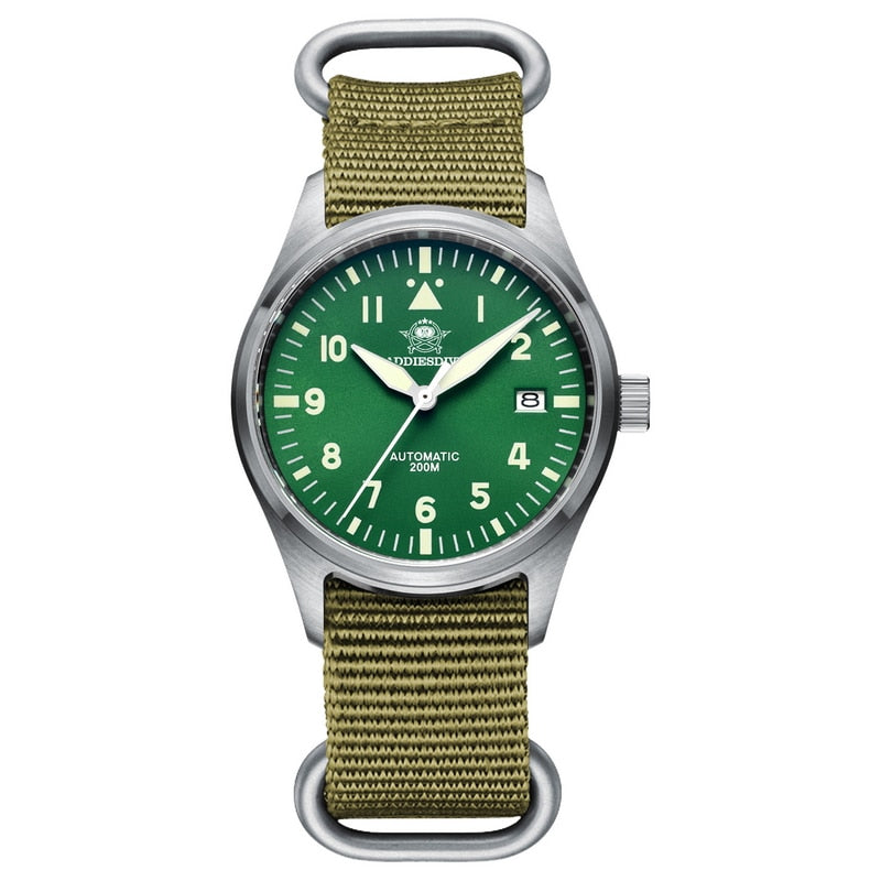 Addies Reloj de buceo mecánico para hombre, pulsera de cuero con cristal de zafiro, reloj de piloto de negocios, NH35, automático, resistente al agua hasta 200M