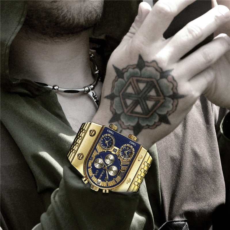 Oulm 🆕⌚️ Reloj de cuarzo para hombres, resistente al agua y estilo militar. Lujo en acero inoxidable dorado. Perfecto para los hombres. 🏅🆎 #RelojDeCuarzo #ResistenteAlAgua #EstiloMilitar #Lujo #AceroInoxidableDorado #RelojMasculino