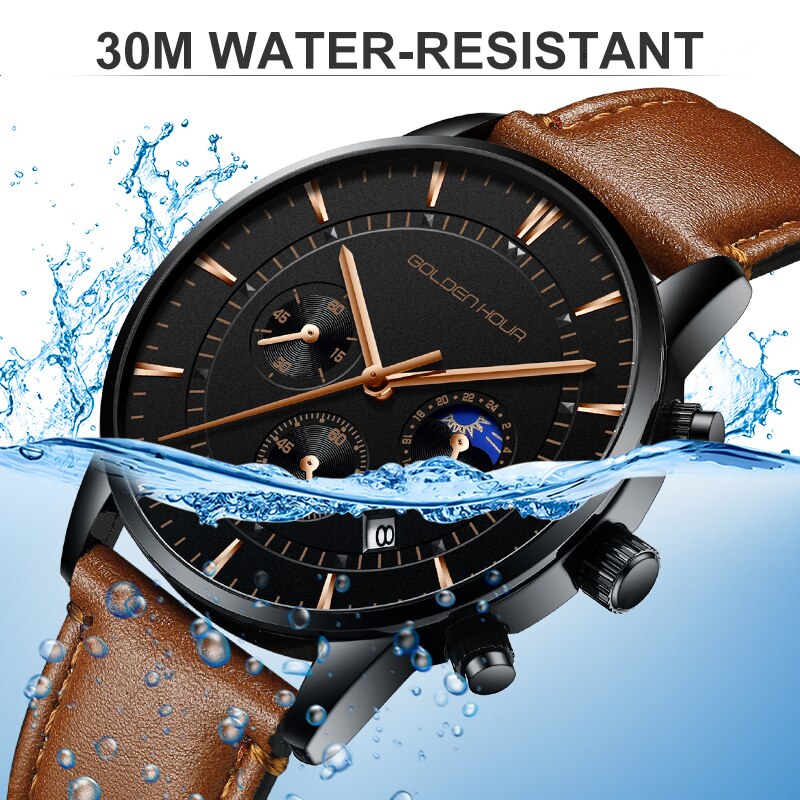 GOLDENHOUR-Reloj deportivo, cronógrafo cuarzo, de lujo, moda, cuero, resistente al agua