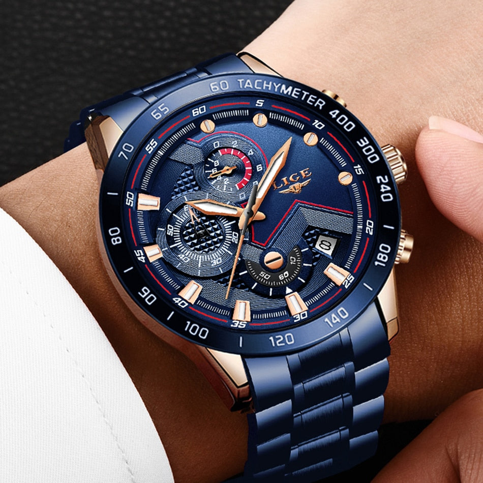 LIGE - 🕰️⌚💪 Reloj deportivo de lujo para hombres 💙💣👨  Cronógrafo de cuarzo y acero inoxidable ⏱️🔧💎  Color azul, estilo militar, a la moda 💙🎖️👨‍✈️  Resistente al agua 💧💦🌊