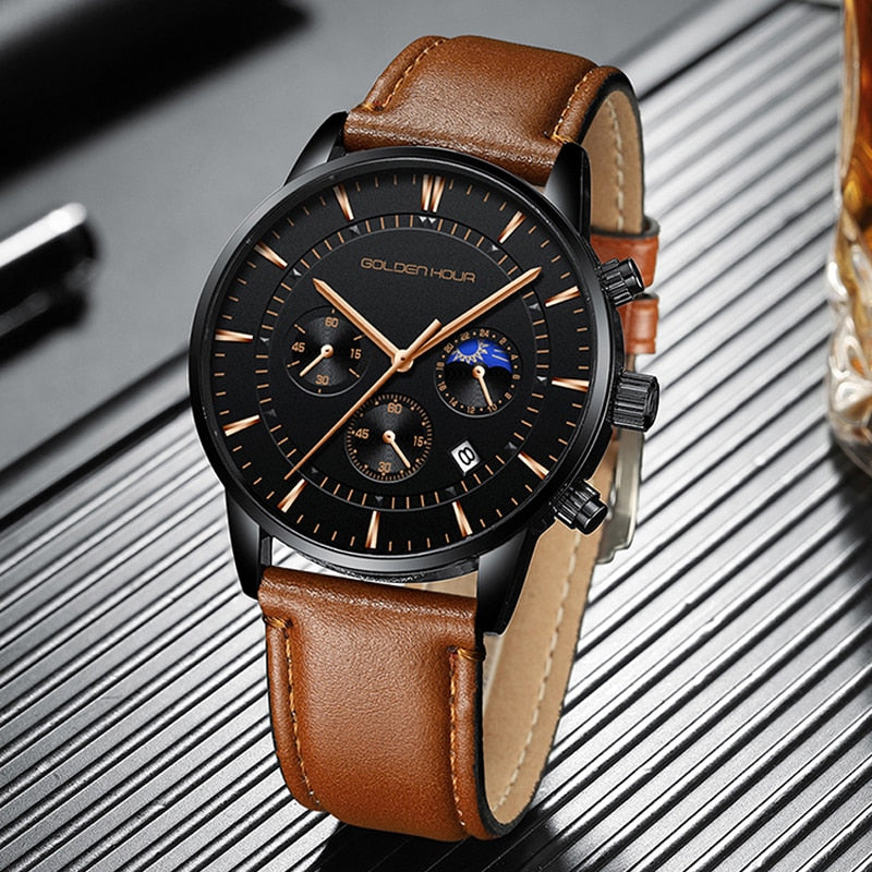 GOLDENHOUR-Reloj deportivo, cronógrafo cuarzo, de lujo, moda, cuero, resistente al agua