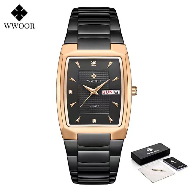 WWOOR ¡Presentamos el "Reloj Dorado de Lujo" para hombres con un nuevo diseño! Fabricado en acero inoxidable, es resistente al agua y cuenta con un calendario y mecanismo de cuarzo. ¡El complemento perfecto para cualquier ocasión! ⌚✨