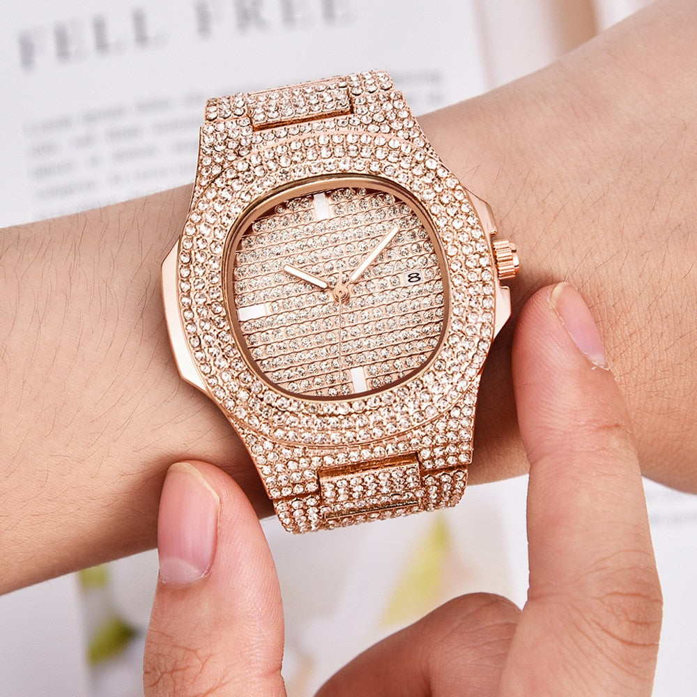 TOPGRILLZ con Incrustaciones en Cuadrante de Color Dorado, Estilo HIP HOP, Cuarzo y Acero Inoxidable con Micropave CZ. Reloj de Moda Relojio."