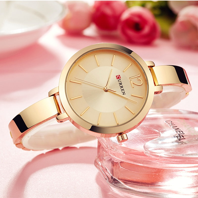 CURREN-Relojes de moda, dorados, para mujer, de acero inox., ultrafino, cuarzo, romántico.
