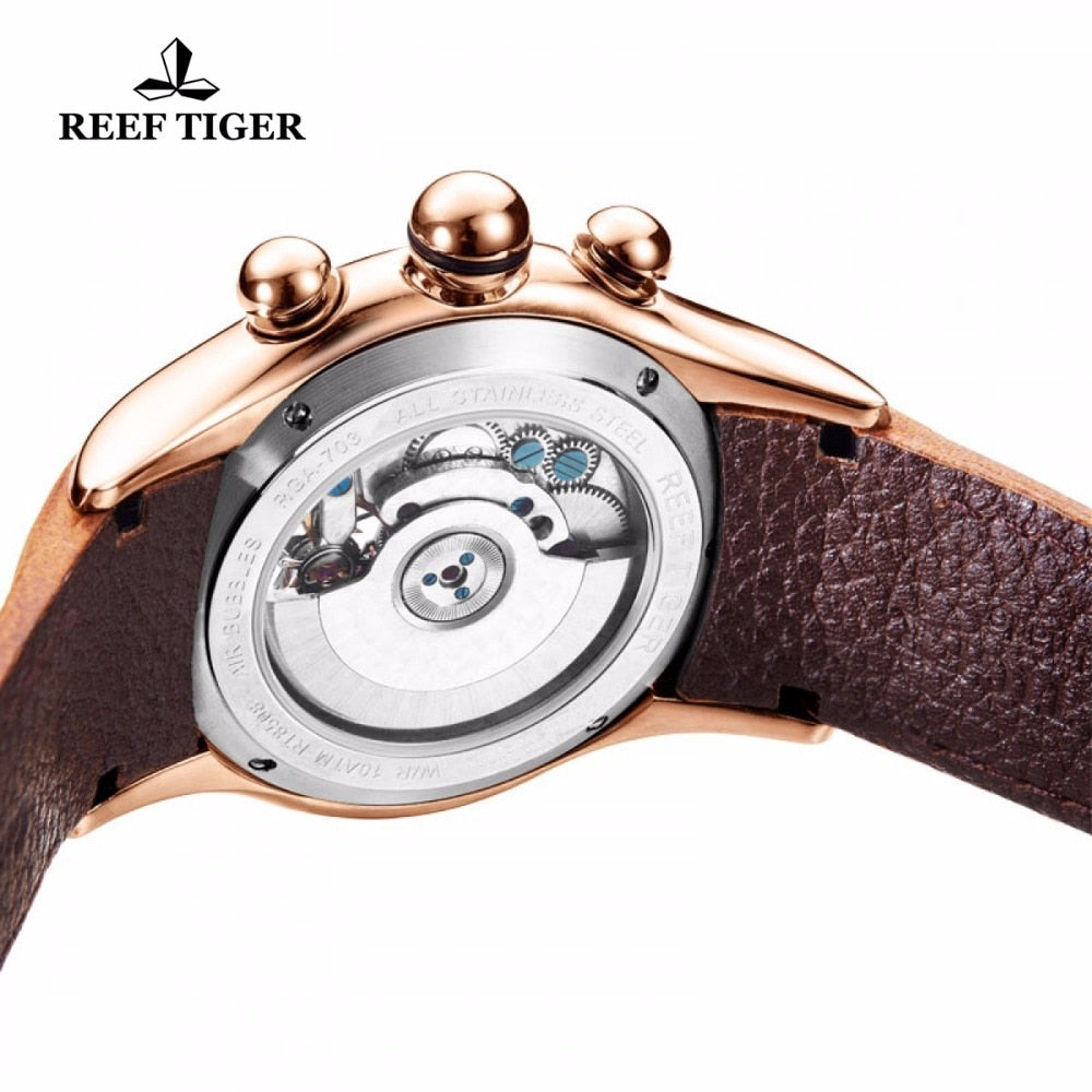 Reef Tiger/RT Reloj Deportivo para Hombres, Reloj Esqueleto Luminoso Año Mes Fecha Día, Oro Rosa, Reloj Automático.