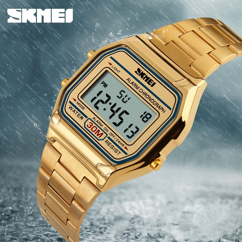 Reloj Deportivo Digital LED de Lujo de la Marca SKMEI, Moda Casual, Reloj de Pulsera Dorado para Hombres, de Acero Inoxidable, Resistente al Agua. ⌚️🏆