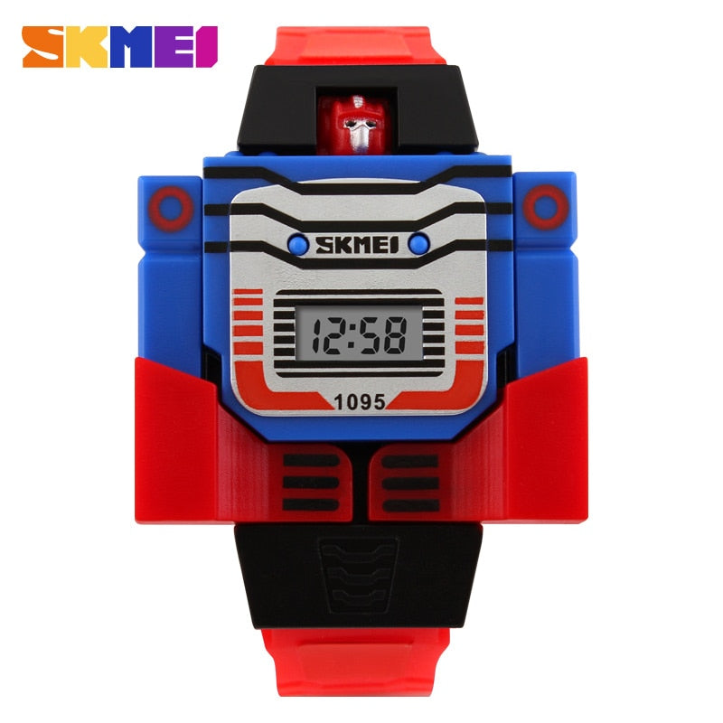 SKMEI para niños con diseño de caricaturas, LED y temática de robots transformables. Perfecto para los niños que les encantan los juguetes de transformación. Ideal para los pequeños entusiastas de los deportes. Modelo 1095 de la marca SKMEI.