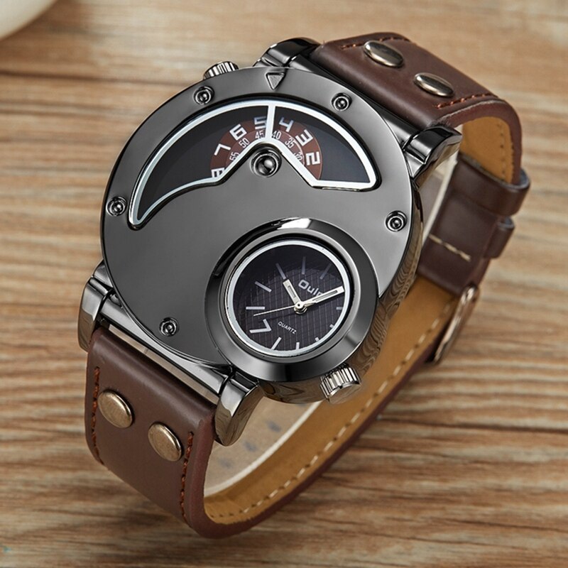 Oulm-reloj deportivo de lujo para hombre, cronógrafo de cuarzo con doble horario, de cuero, informal