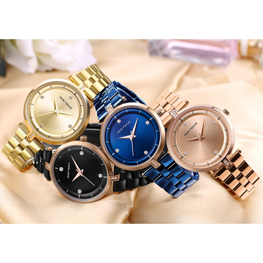 MINI FOCUS-Relojes de cuarzo de lujo para mujer, pulsera de acero inoxidable en color azul, dorado, negro y oro rosa, con ancho de banda de 18mm y resistente al agua