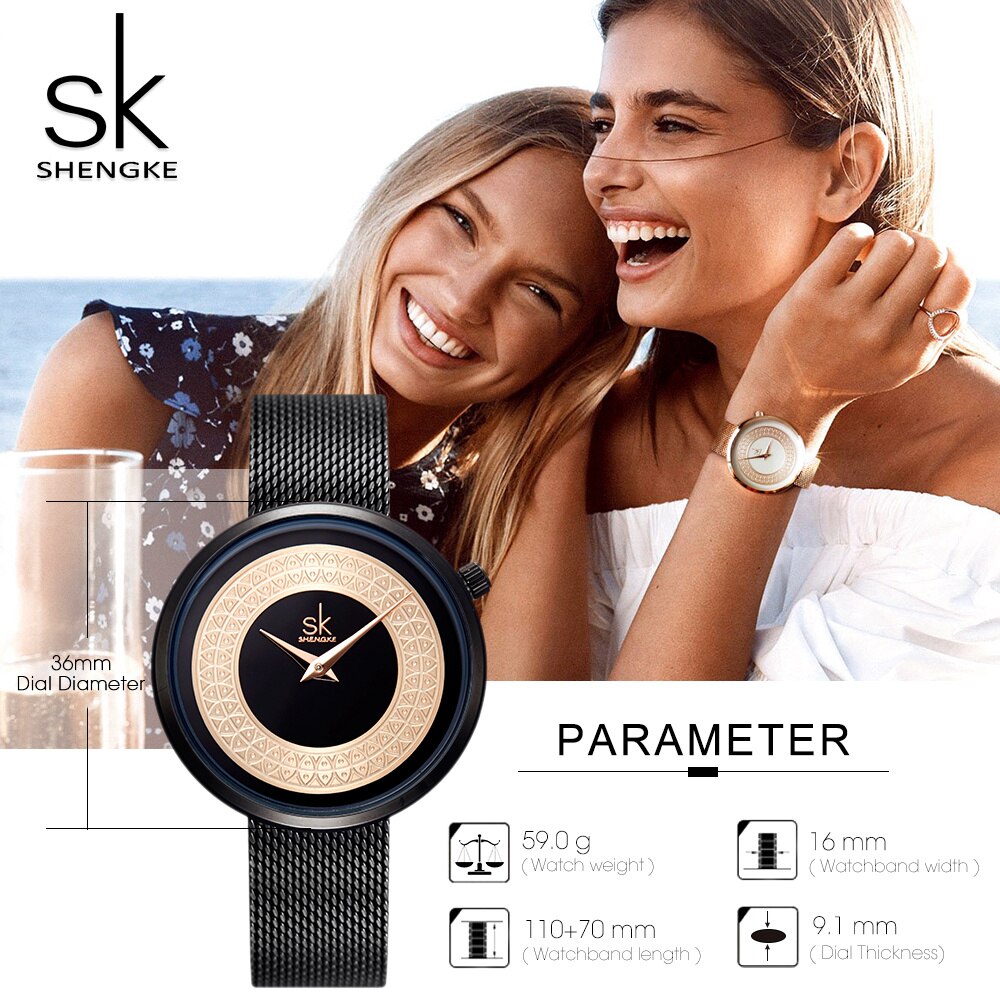 Shengke Reloj femenino con diseño de malla de metal, moda, vintage y lujo. Reloj de diseño clásico para mujeres de la marca de lujo.
