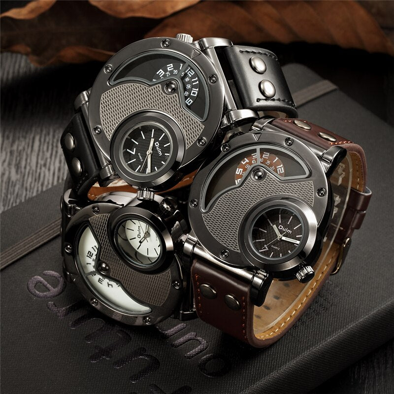 Oulm-reloj deportivo de lujo para hombre, cronógrafo de cuarzo con doble horario, de cuero, informal
