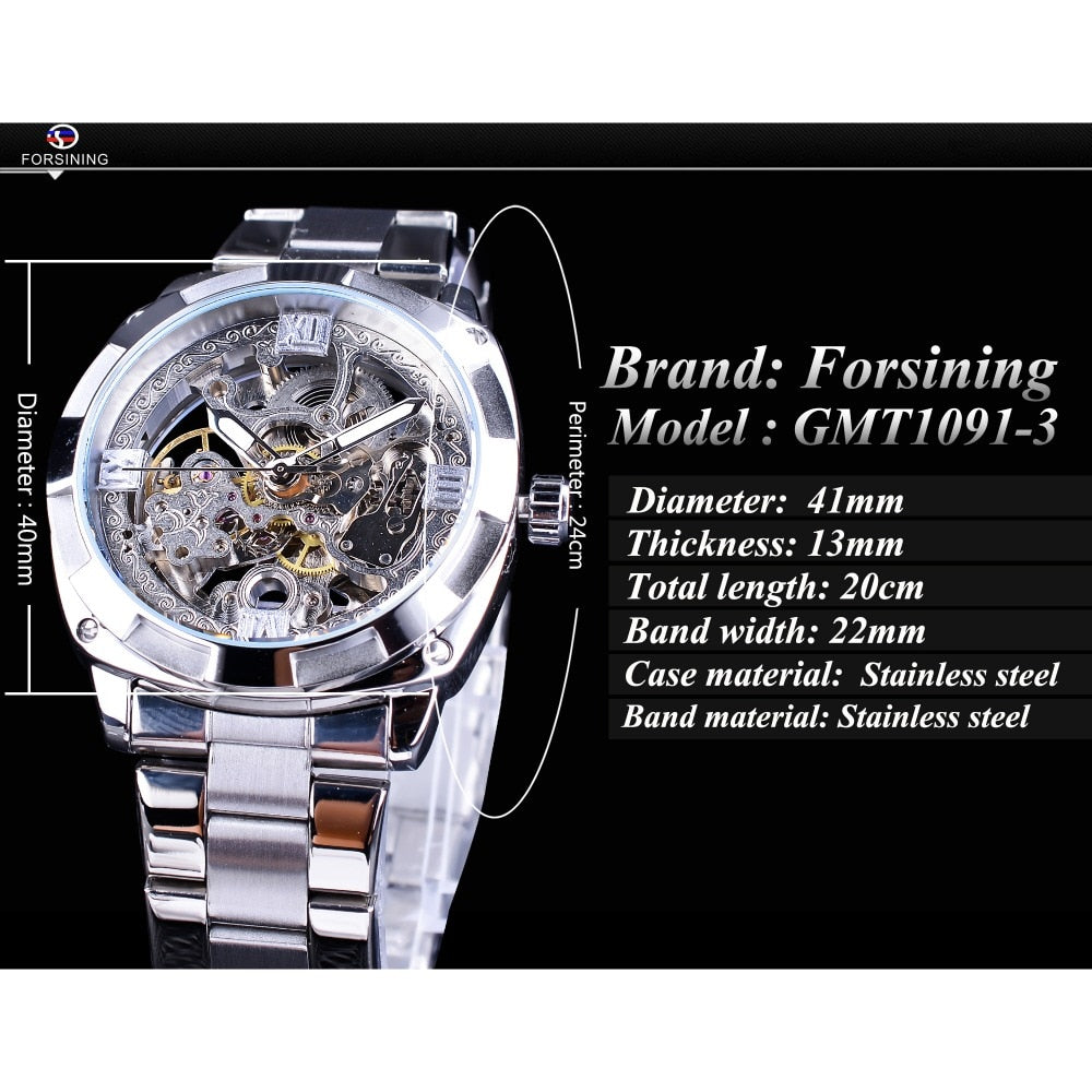 Forsining-relojes de plata con cierre plegable para hombre, relojes automáticos de Seguridad, de lujo, transparentes, manos luminosas