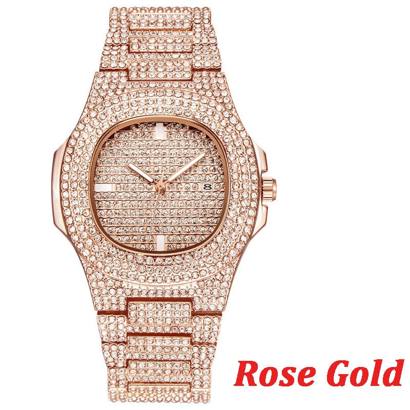 TOPGRILLZ con Incrustaciones en Cuadrante de Color Dorado, Estilo HIP HOP, Cuarzo y Acero Inoxidable con Micropave CZ. Reloj de Moda Relojio."