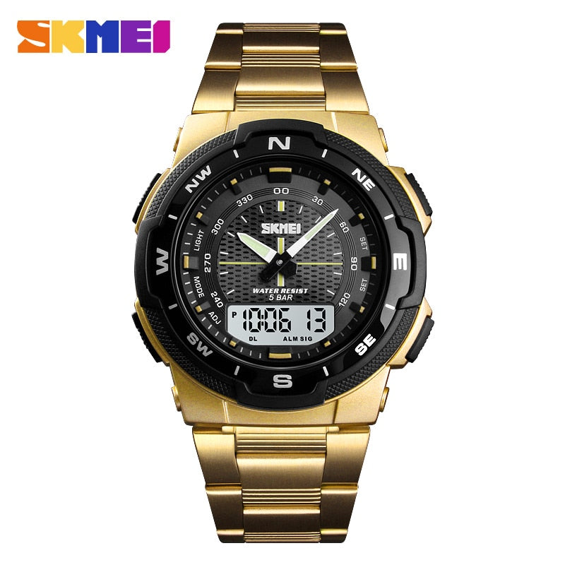 SKMEI Reloj SKMEI para hombre con estilo deportivo y de lujo. Correa de acero inoxidable y resistente al agua. Reloj de cuarzo de moda, perfecto para negocios.