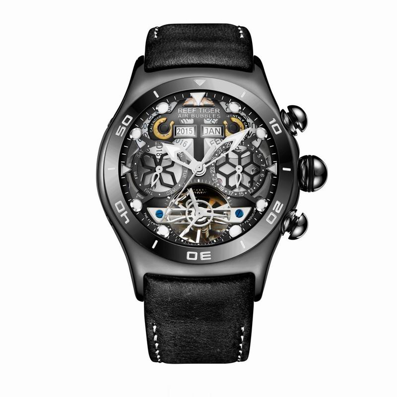 Reef Tiger/RT Reloj Deportivo para Hombres, Reloj Esqueleto Luminoso Año Mes Fecha Día, Oro Rosa, Reloj Automático.