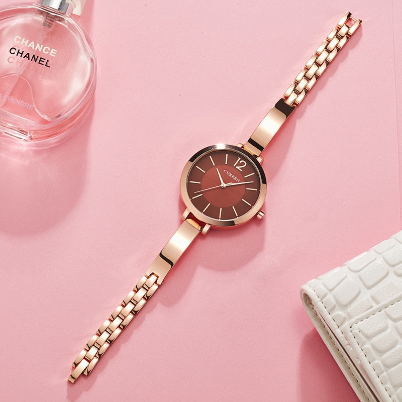 CURREN-Relojes de moda, dorados, para mujer, de acero inox., ultrafino, cuarzo, romántico.