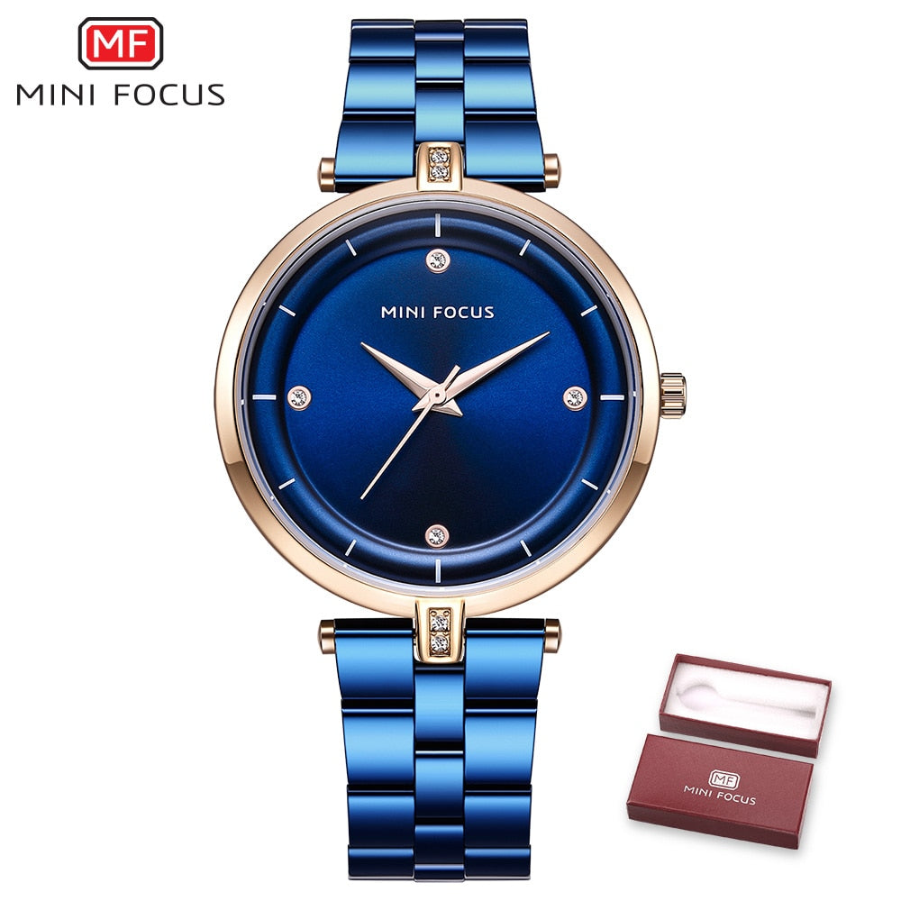 MINI FOCUS-Relojes de cuarzo de lujo para mujer, pulsera de acero inoxidable en color azul, dorado, negro y oro rosa, con ancho de banda de 18mm y resistente al agua