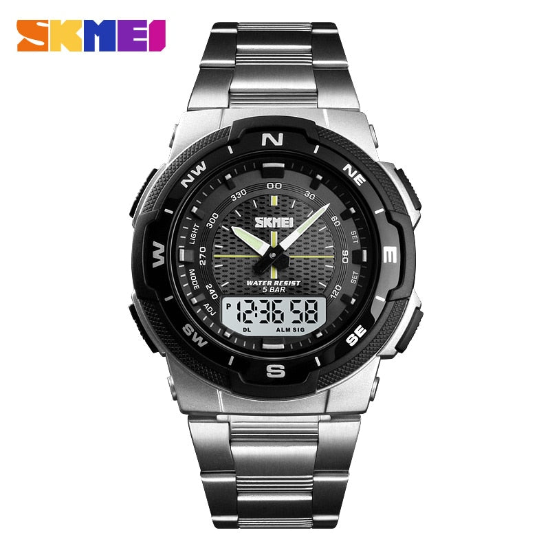 SKMEI Reloj SKMEI para hombre con estilo deportivo y de lujo. Correa de acero inoxidable y resistente al agua. Reloj de cuarzo de moda, perfecto para negocios.