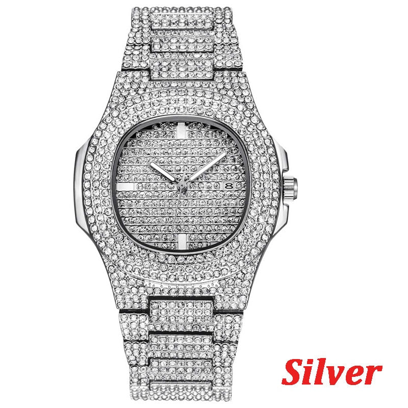 TOPGRILLZ con Incrustaciones en Cuadrante de Color Dorado, Estilo HIP HOP, Cuarzo y Acero Inoxidable con Micropave CZ. Reloj de Moda Relojio."