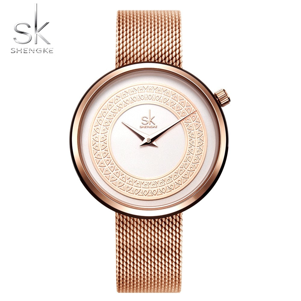 Shengke Reloj femenino con diseño de malla de metal, moda, vintage y lujo. Reloj de diseño clásico para mujeres de la marca de lujo.