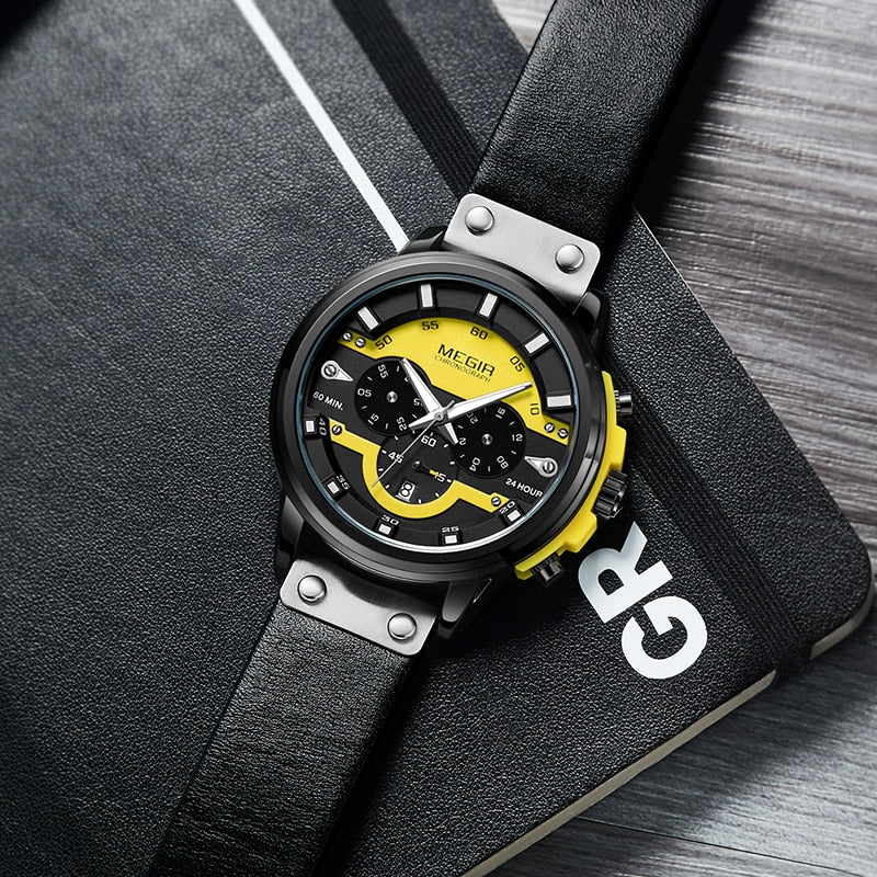 MEGIR-reloj deportivo de lujo para hombre, cronógrafo de pulsera de cuarzo y cuero, resistente al agua, nuevo, 2020