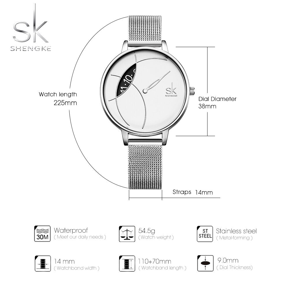Shengke Reloj de Moda para Mujer, Creativo y Casual, con Correa de Malla de Acero Inoxidable, Elegante Diseño en Plata, Reloj de Cuarzo para Mujeres.