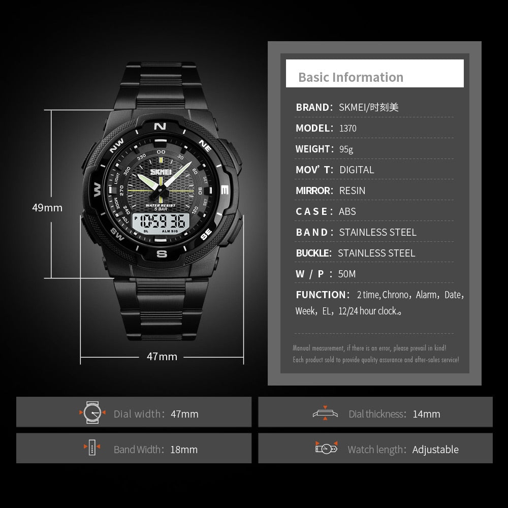 SKMEI Reloj SKMEI para hombre con estilo deportivo y de lujo. Correa de acero inoxidable y resistente al agua. Reloj de cuarzo de moda, perfecto para negocios.