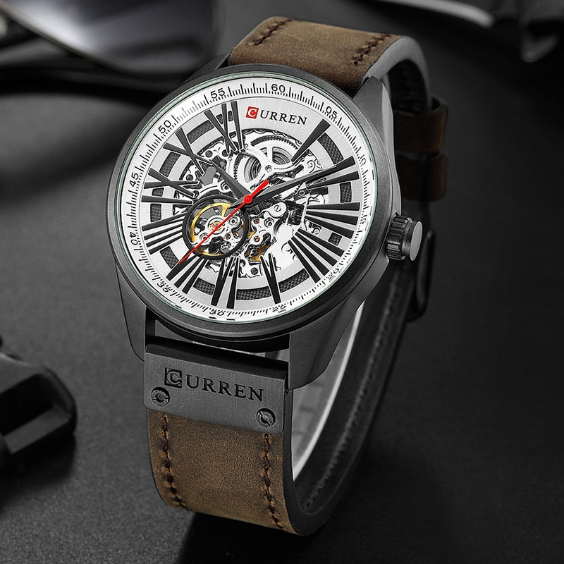 CURREN-reloj con mecanismo automático de Tourbillon para hombre, cronógrafo deportivo Masculino de cuero, con cuerda automática, nuevo