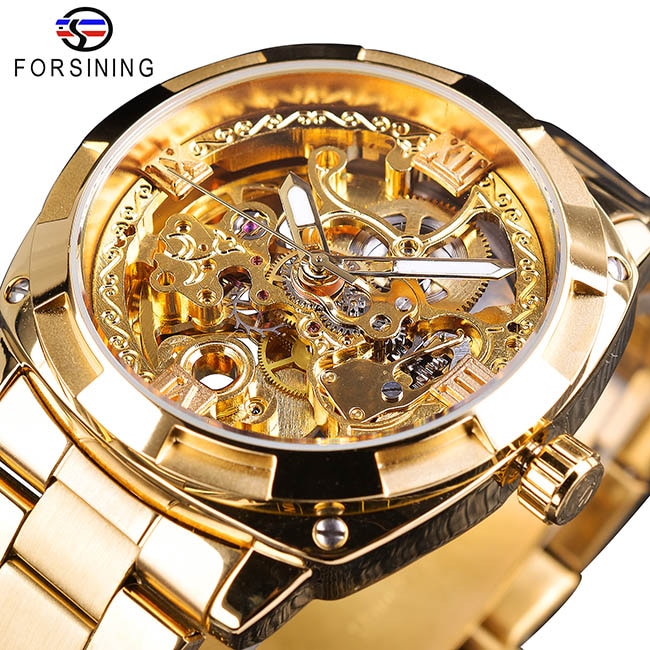 Forsining-relojes de plata con cierre plegable para hombre, relojes automáticos de Seguridad, de lujo, transparentes, manos luminosas