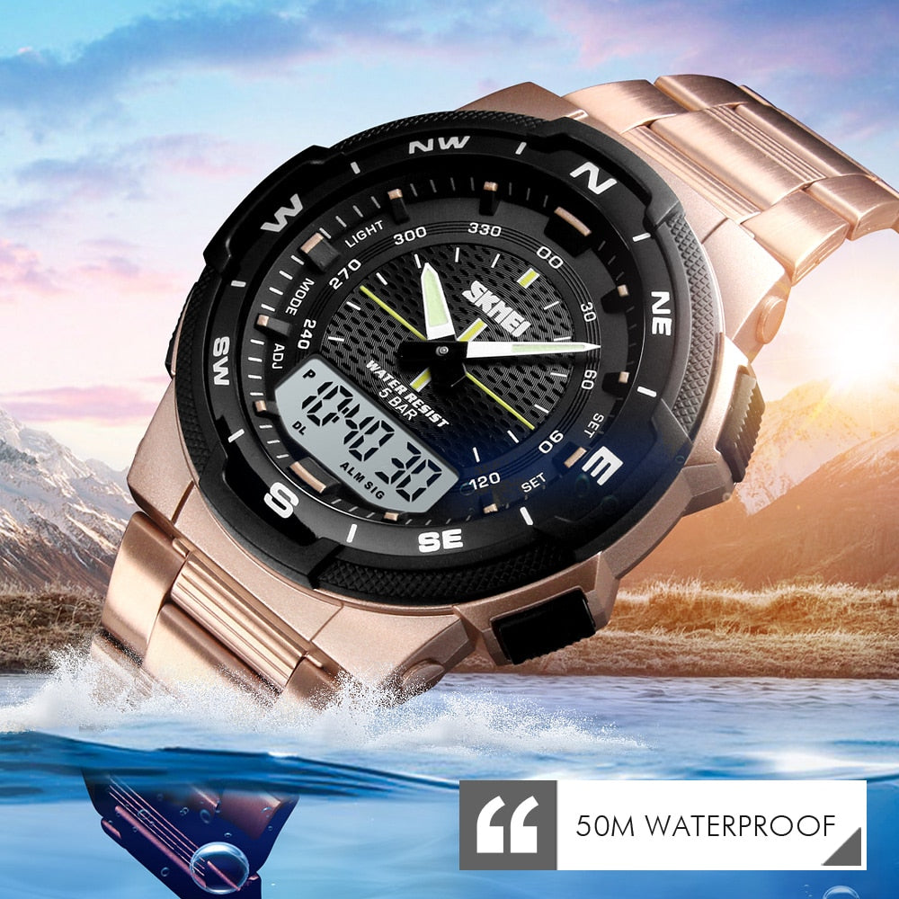 SKMEI Reloj SKMEI para hombre con estilo deportivo y de lujo. Correa de acero inoxidable y resistente al agua. Reloj de cuarzo de moda, perfecto para negocios.